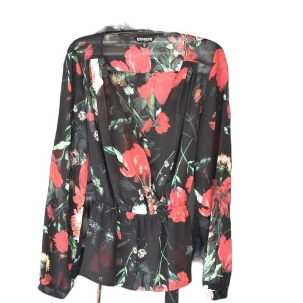 Women's Express Black Red Floral Belted Blouse Full Sleeves XS